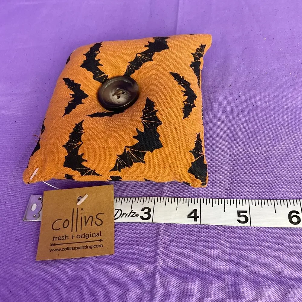 Collins Halloween Fabric Bowl Filler Pillow Orange Black Bat Print Button Accent